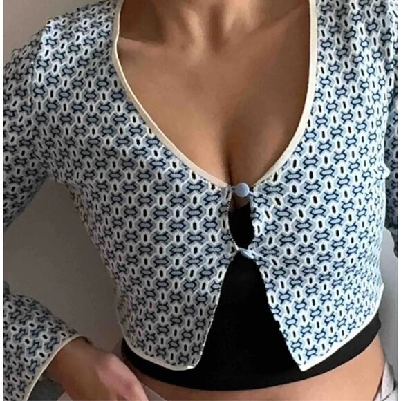 Zara Light Blue Geometric Cropper Button Cardigan Flare Sleeved - Picture 2 of 8